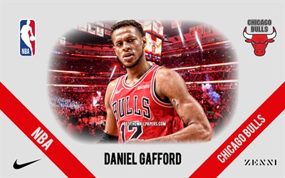 Daniel Gafford, Chicago Bulls, American Basketball Player, NBA, portrait, USA, basketball, United Center, Chicago Bulls logo