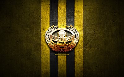 Mjallby FC, golden logo, Allsvenskan, yellow metal background, football, Mjallby AIF, swedish football club, Mjallby logo, soccer, Sweden