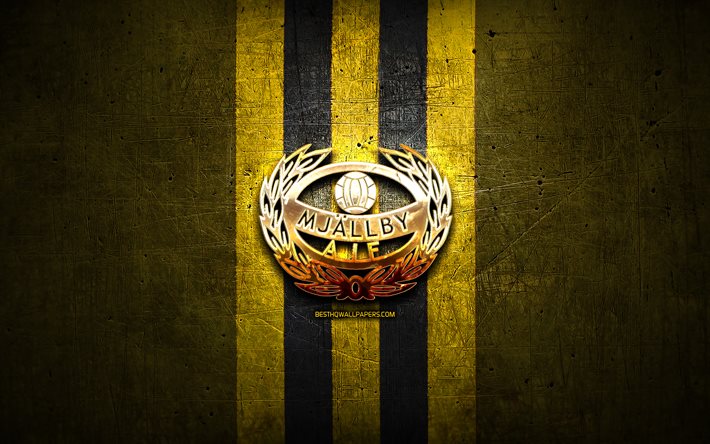 Mjallby FC, logo dorato, Allsvenskan, giallo, metallo, sfondo, calcio, Mjallby AIF, svedese squadra di calcio Mjallby logo, Svezia