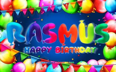 お誕生日おめでRasmus, 4k, カラフルバルーンフレーム, Rasmus名, 青色の背景, Rasmusお誕生日おめで, Rasmus誕生日, 人気のスウェーデンの男性の名前, 誕生日プ, Rasmus