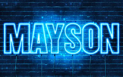 Mayson, 4k, pap&#233;is de parede com os nomes de, texto horizontal, Mayson nome, Feliz Anivers&#225;rio Mayson, luzes de neon azuis, imagem com Mayson nome