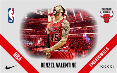 Denzel Valentine, Chicago Bulls, American Basketball Player, NBA, portrait, USA, basketball, United Center, Chicago Bulls logo