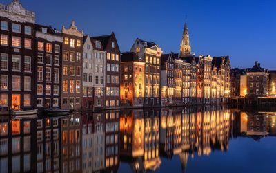 赤色光地, アムステルダム, 夜, 運河, アムステルダムの街並み, 美しい建物, スカイライン, オランダ