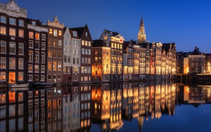 De Wallen, Amsterdam, por la noche, canal, Amsterdam paisaje urbano, hermosos edificios, paisaje urbano, pa&#237;ses Bajos