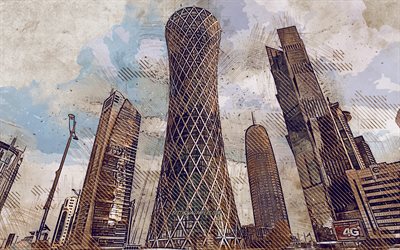 Doha, Qatar, grunge art, creative art, maalattu Doha, piirustus, Dohan abstraktio, digitaalista taidetta, Dohan pilvenpiirt&#228;ji&#228;, Dohan Corniche, Aspire Tower, Al Fardan Residences