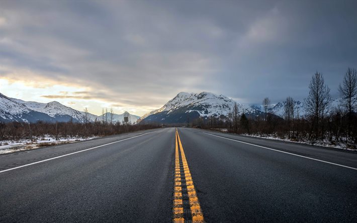 estrada de asfalto, paisagem de montanha, inverno, neve, montanhas, noite, p&#244;r do sol, EUA