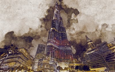 Burj Khalifa, Dubai, Birleşik Arap Emirlikleri, grunge sanat, yaratıcı sanat, &#231;izim, Burj Khalifa soyutlama, dijital sanat, Burj Dubai boyalı