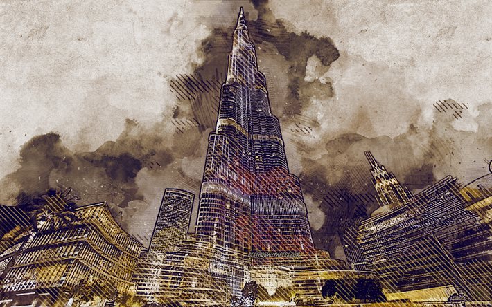 Burj Khalifa, Dubai, UAE, grunge art, creative art, painted Burj Khalifa, drawing, Burj Khalifa abstraction, digital art, Burj Dubai
