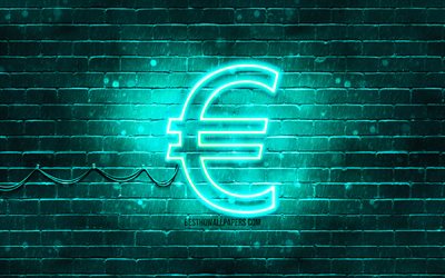 Euro turchese segno, 4k, turchese, brickwall, simbolo dell&#39;Euro, valuta, segni di Euro al neon segno, Euro