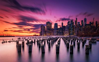 New York, old pier, sunset, american cities, NYC, USA, America, New York in evening