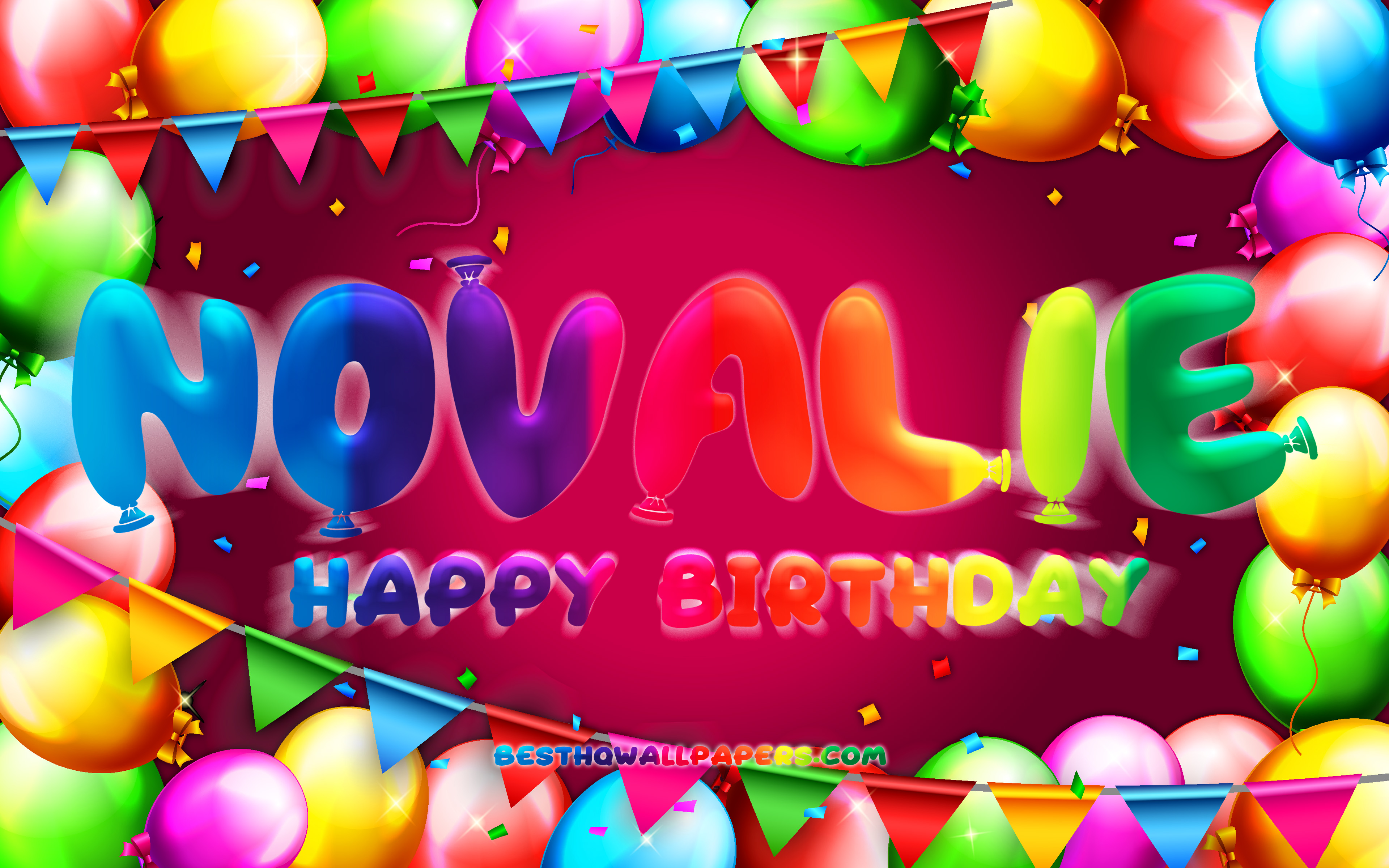Happy Birthday Novalie, 4k, colorful balloon frame, Novalie name, purple ba...