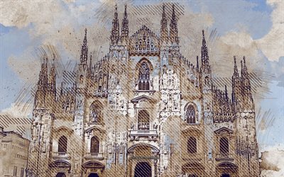 ミラノ大聖堂があり, ドゥオーモミラノ, ミラノ, ロンバルディア, イタリア, 大聖堂, グランジア, 【クリエイティブ-アート, 塗装のドゥオモ, 図面, ドゥオーモ地区を抽象化, デジタルアート