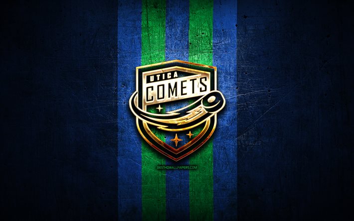 Utica Comets, golden logo, AHL, blue metal background, american hockey team, American Hockey League, Utica Comets logo, hockey, USA