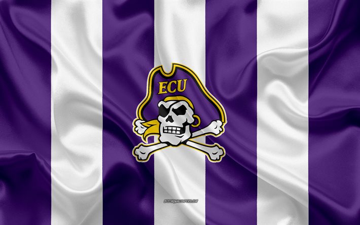 East Carolina Piratas, Time de futebol americano, emblema, seda bandeira, roxo de seda branca de textura, NCAA, East Carolina Piratas logotipo, Greenville, Carolina Do Norte, EUA, Futebol americano