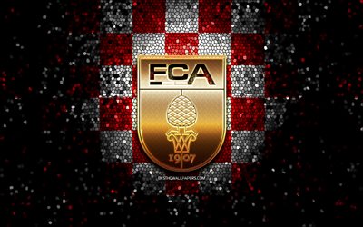Augsburg FC, glitter logo, Bundesliga, red white checkered background, soccer, FC Augsburg, german football club, Augsburg logo, mosaic art, football, Germany