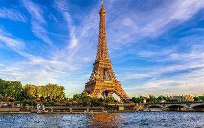 Torre Eiffel, Parigi, sera, tramonto, panorama, paesaggio urbano di Parigi, Francia