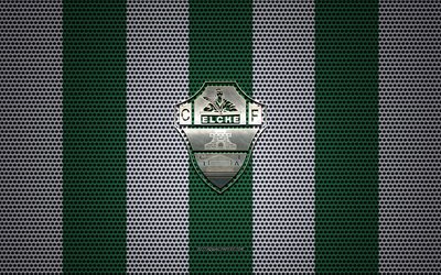 Elche CF logo, squadra di calcio spagnola, metallo emblema, verde-bianco maglia metallica sfondo, Elche CF, Segunda, Alicante, Spagna, calcio