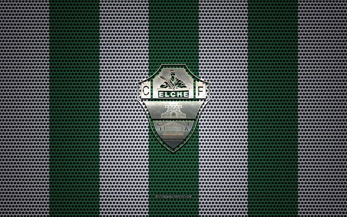 Elche CF logo, Spanish football club, metal emblem, green-white metal mesh background, Elche CF, Segunda, Alicante, Spain, football