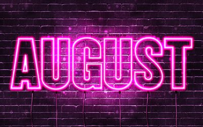 Agosto, 4k, sfondi per il desktop con i nomi, nomi di donna, agosto, nome, viola neon, Felice Compleanno di agosto, immagine con nome augusto