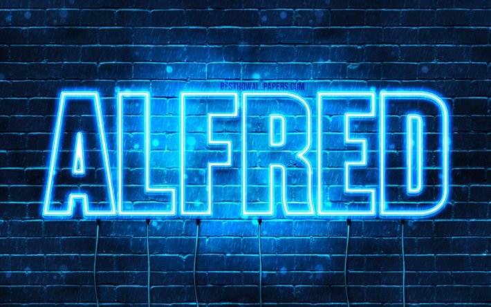 Alfred, 4k, wallpapers with names, horizontal text, Alfred name, Happy Birthday Alfred, blue neon lights, picture with Alfred name