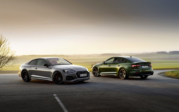 Audi RS5 Coupe, 2020, TFSI, Audi RS5 Sportback, V6 Biturbo, exterior, comparison and, new gray RS5 Coupe, new green RS5 Sportback, German cars, Audi
