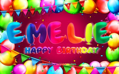 お誕生日おめでEmelie, 4k, カラフルバルーンフレーム, Emelie名, 紫色の背景, Emelieお誕生日おめで, Emelie誕生日, 人気のスウェーデンの女性の名前, 誕生日プ, Emelie