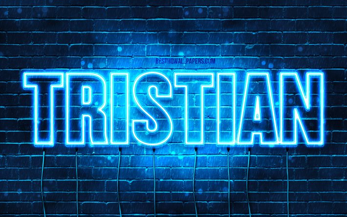 Tristian, 4k, sfondi per il desktop con i nomi, il testo orizzontale, Tristian nome, Felice Compleanno Tristian, neon blu, immagine con nome Tristian