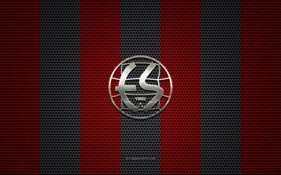 Eskisehirspor logo, Turkish football club, metal emblem, red-black metal mesh background, TFF 1 Lig, Eskisehirspor, TFF First League, Eskisehir, Turkey, football