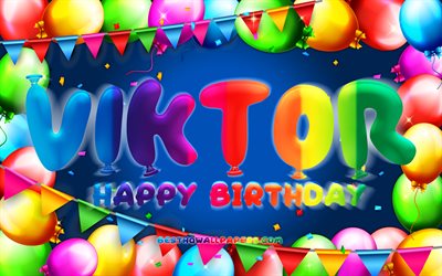 Buon Compleanno Viktor, 4k, palloncino colorato telaio, Viktor nome, sfondo blu, Viktor buon Compleanno, Viktor Compleanno, popolare svedese nomi maschili, feste di Compleanno, concetto, Viktor