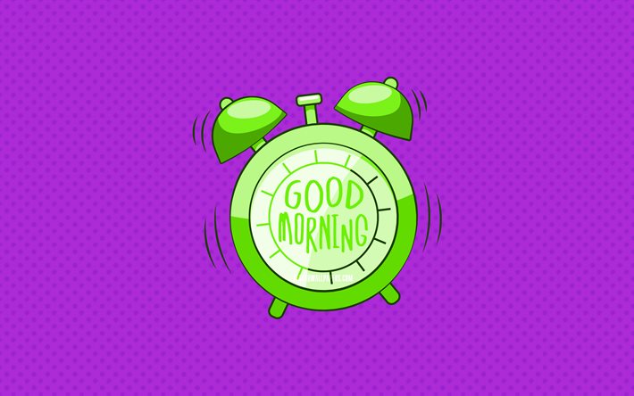 Good Morning, green alarm clock, 4k, violet dotted backgrounds, good morning wish, creative, good morning concepts, minimalism, good morning with clock