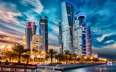 Doha, Qatar, kv&#228;ll, sunset, skyskrapor, moderna byggnader, Aspire Tower, Doha stadsbilden, Al Fardan Bost&#228;der, Palm Tower 2, skyline, huvudstaden i Qatar