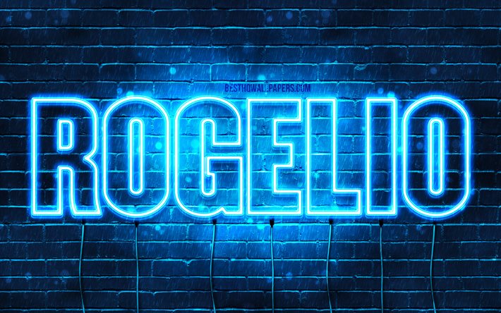 rogelio, 4k, tapeten, die mit namen, horizontaler text, rogelio namen, happy birthday rogelio, blue neon lights, bild mit rogelio namen