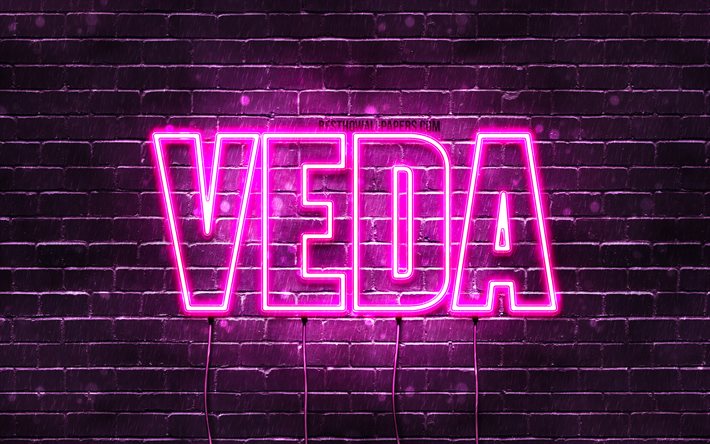 Farv&#228;l, 4k, tapeter med namn, kvinnliga namn, Veda namn, lila neon lights, Grattis P&#229; F&#246;delsedagen Veda, bild med Veda namn