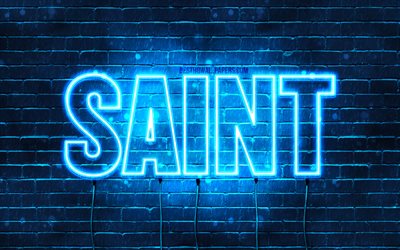 Saint, 4k, tapeter med namn, &#246;vergripande text, Saint namn, Grattis P&#229; F&#246;delsedagen Saint, bl&#229;tt neonljus, bild med Saint namn