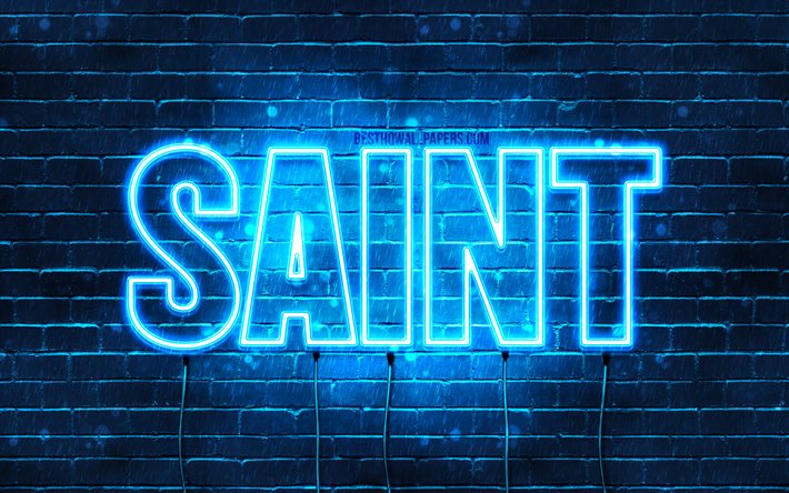 Saint, 4k, pap&#233;is de parede com os nomes de, texto horizontal, Santo nome, Feliz Anivers&#225;rio Saint, luzes de neon azuis, imagem com Santo nome