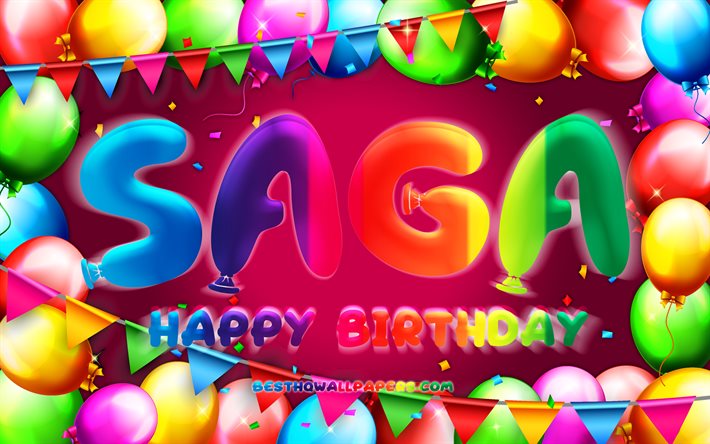 Buon Compleanno Saga, 4k, palloncino colorato telaio, Saga nome, sfondo viola, la Saga di buon Compleanno, la Saga di Compleanno, popolare svedese nomi di donna, Compleanno, concetto, Saga