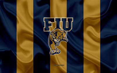 FIU Panteras, Time de futebol americano, emblema, seda bandeira, amarelo-azul de seda textura, NCAA, FIU Panteras logotipo, Miami, Fl&#243;rida, EUA, Futebol americano, Universidade Internacional Da Fl&#243;rida