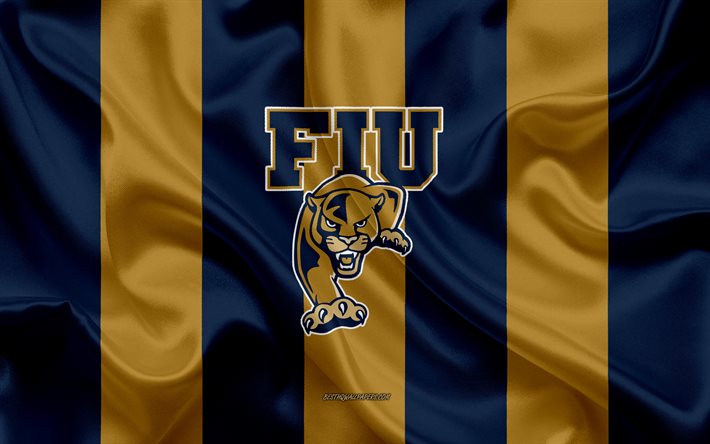 FIU Panter, Amerikan futbol takımı, amblem, ipek bayrak, Sarı-Mavi ipek doku, NCAA, FIU Panthers logo, Miami, Florida, ABD, Amerikan Futbolu, Florida Uluslararası &#220;niversitesi