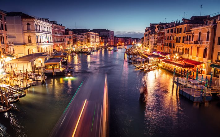Grand Canal, 4k, les paysages nocturnes, Venise, les gondoles, l&#39;&#233;t&#233;, l&#39;Italie, l&#39;Europe, les villes italiennes, Venise la nuit