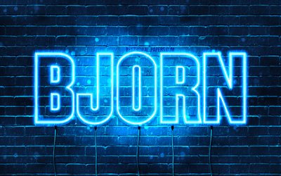Bjorn, 4k, wallpapers with names, horizontal text, Bjorn name, Happy Birthday Bjorn, blue neon lights, picture with Bjorn name