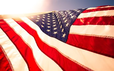 4k, American flag, blue sky, USA, national symbols, Flag of America, flagpole, US Flag, America, North American countries, United States of America, Flag of USA