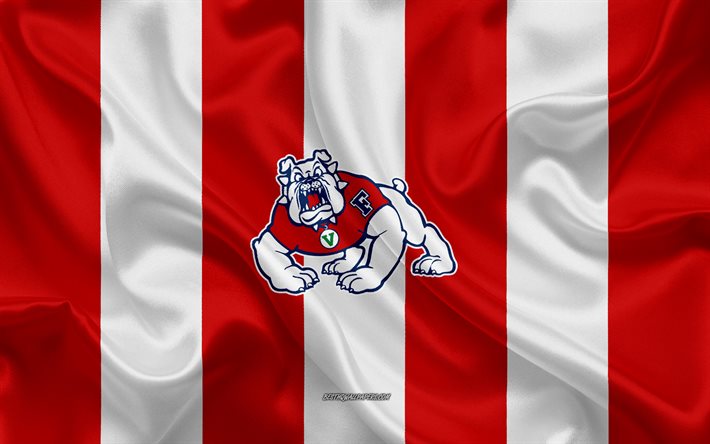 Fresno State Bulldogs, American football team, emblem, silk flag, red and white silk texture, NCAA, Fresno State Bulldogs logo, Fresno, California, USA, American football, California State University