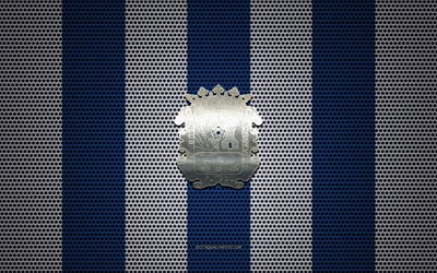 CF Fuenlabrada logo, Spanish football club, metal emblem, blue and white metal mesh background, CF Fuenlabrada, Segunda, Fuenlabrada, Spain, football