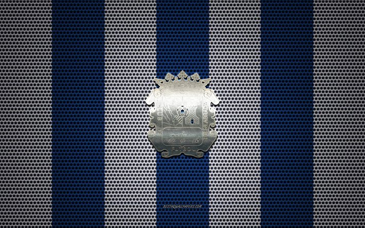 CFR Fuenlabrada logo, squadra di calcio spagnola, metallo emblema, bianco e blu, di maglia di metallo sfondo, CFR Fuenlabrada, Segunda, Fuenlabrada, Spagna, calcio