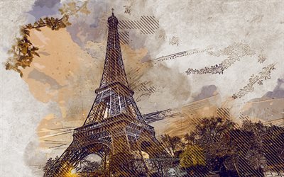 Eiffeltornet, Paris, Frankrike, grunge konst, kreativ konst, m&#229;lade Eiffeltornet, ritning, Eiffeltornet abstraktion, digital konst, m&#229;lade Paris