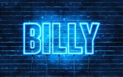 Billy, 4k, les papiers peints avec les noms, le texte horizontal, Billy name, Joyeux Anniversaire Billy, bleu n&#233;on, une photo avec le nom de Billy