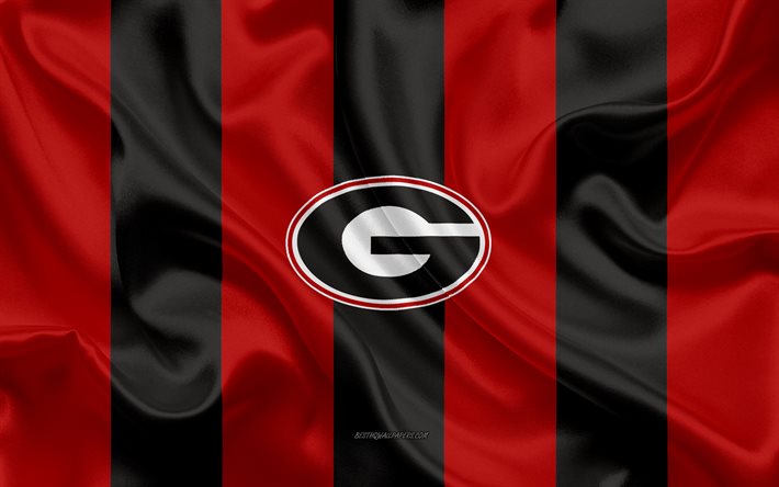 Georgia Bulldogs, Time de futebol americano, emblema, seda bandeira, vermelho-preto de seda textura, NCAA, Georgia Bulldogs logotipo, Atenas, Ge&#243;rgia, EUA, Futebol americano, Georgia Bulldogs futebol