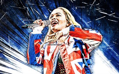 4k, Rita Ora, grunge art, brittil&#228;inen laulaja, musiikin t&#228;hdet, luova, Rita Ora Sahatciu, sininen abstrakti-s&#228;teilt&#228;, britannian julkkis, supert&#228;hti&#228;, Rita Ora 4K