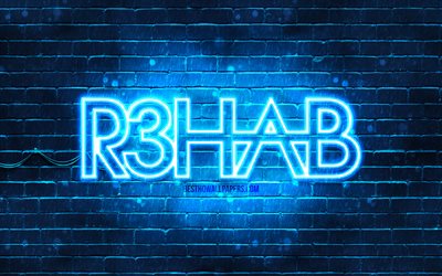 R3hab logo bleu, 4k, superstars, n&#233;erlandais DJs, bleu brickwall, R3hab logo, Fadil El Ghoul, R3hab, stars de la musique, R3hab n&#233;on logo