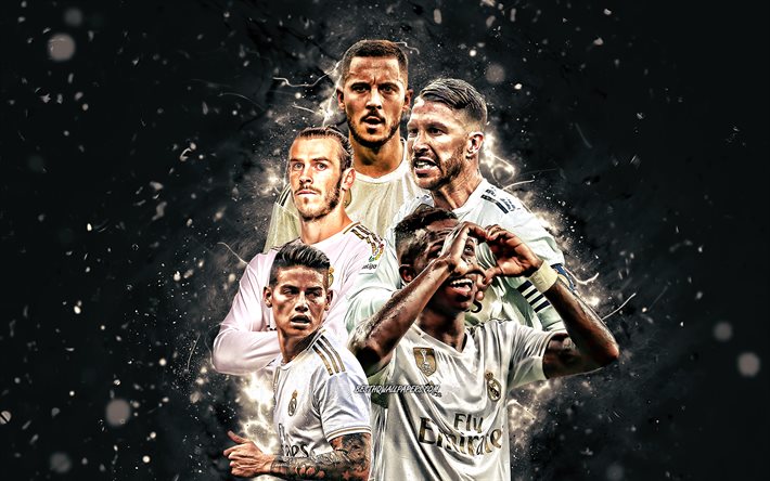 Eden Hazard, Gareth Bale, &#220;nl&#252; Junior, James Rodriguez, Sergio Ramos, 4k, Real Madrid FC, UEFA, futbol yıldızları, LaLiga, Real Madrid takımı, neon ışıkları, futbol, Real Madrid CF